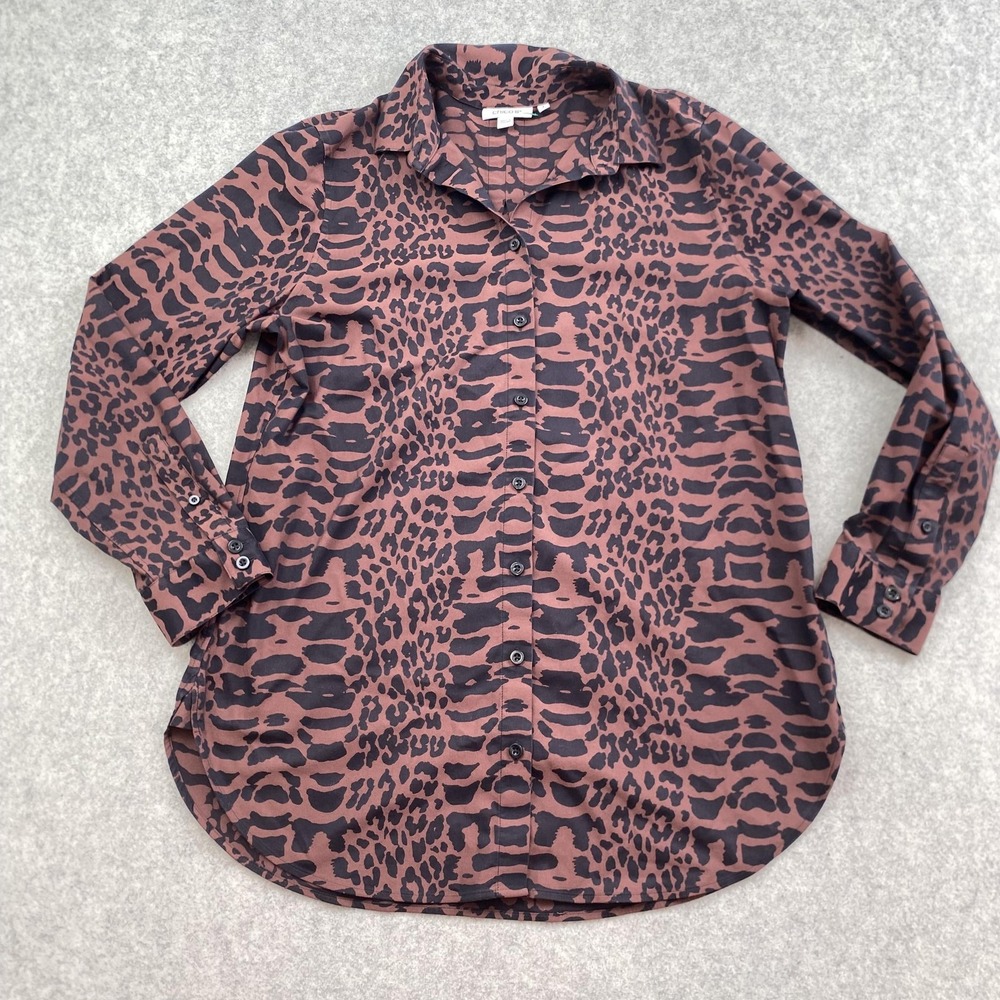 Chico's Button Up Shirt Womens 8 Brown Leopard Print Collared Long Sleeve Tunic
